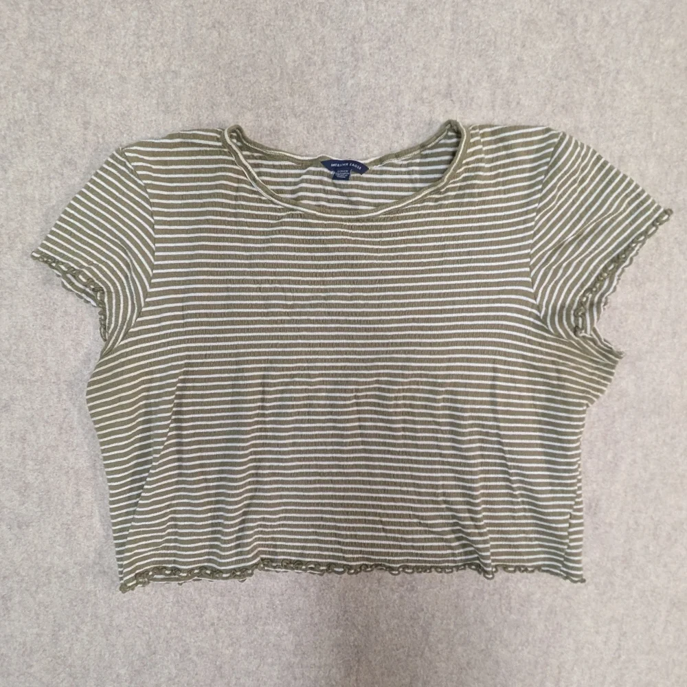 American Eagle Olive Green And White Striped Cropped Top Women's Size XL